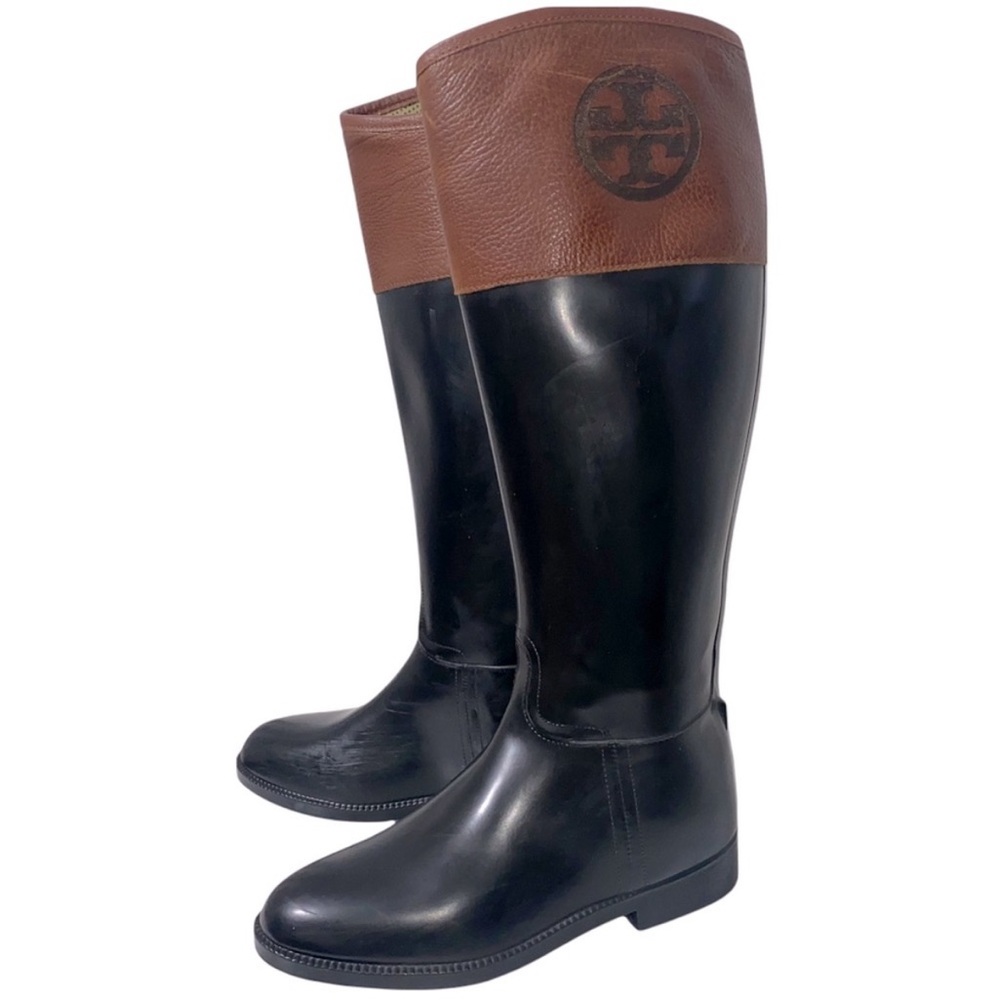 Tory Burch Size EU 38 US 8 Black Rubber Brown Leather Riding Rain Boots